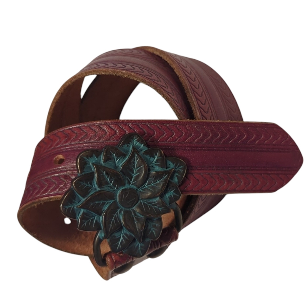 Brown Leather Belt With Floral Metal Buckle. Old Navy Small
